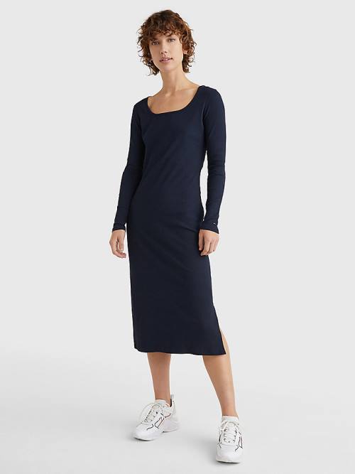 Tommy Hilfiger Rib Square Neck Slim Midi Elbise Kadın Mavi | TH918EDX