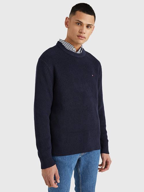 Tommy Hilfiger Ribbed Crew Neck Relaxed Fit Jumper Kazak Erkek Mavi | TH937KNX