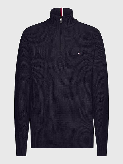 Tommy Hilfiger Ribbed Half-Zip Relaxed Fit Jumper Kazak Erkek Mavi | TH496ODN