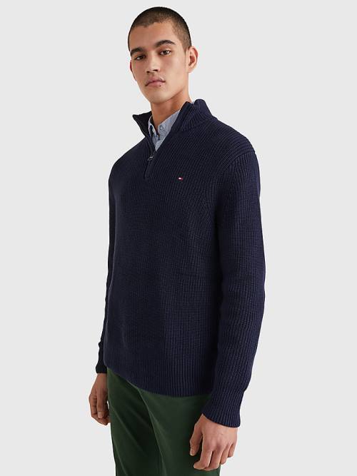 Tommy Hilfiger Ribbed Half-Zip Relaxed Fit Jumper Kazak Erkek Mavi | TH496ODN