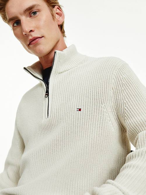 Tommy Hilfiger Ribbed Half-Zip Relaxed Fit Jumper Kazak Erkek Bej Rengi | TH805ZED