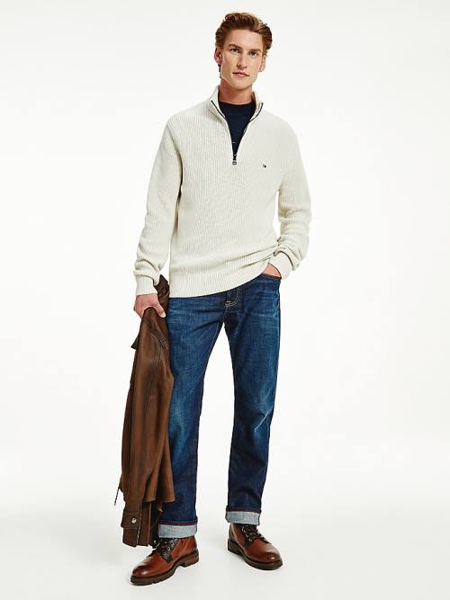 Tommy Hilfiger Ribbed Half-Zip Relaxed Fit Jumper Kazak Erkek Bej Rengi | TH805ZED