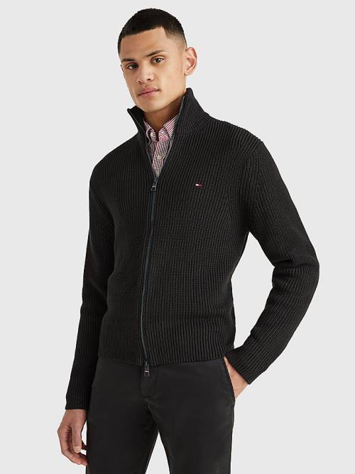 Tommy Hilfiger Ribbed Zip-Thru Relaxed Fit Jumper Kazak Erkek Siyah | TH637IPS