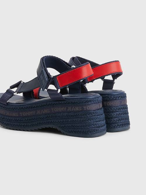 Tommy Hilfiger Rope Wedge Heel Deri Sandalet Kadın Mavi | TH143YAV