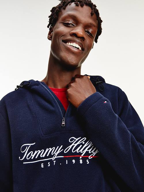 Tommy Hilfiger Script Logo Recycled Fleece Popover Anorak Kapüşonlu Sweatshirt Erkek Mavi | TH086NAF