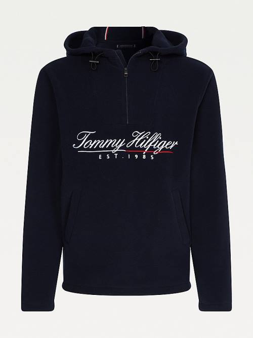 Tommy Hilfiger Script Logo Recycled Fleece Popover Anorak Kapüşonlu Sweatshirt Erkek Mavi | TH086NAF