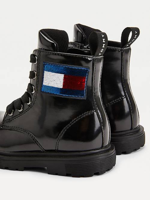 Tommy Hilfiger Sequin Flag Rugan Dantel-Up Bot Kiz Çocuk Siyah | TH098SBP