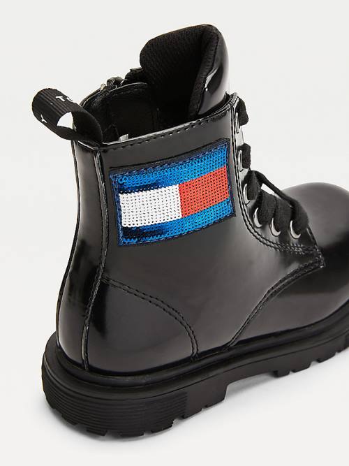 Tommy Hilfiger Sequin Flag Rugan Dantel-Up Bot Kiz Çocuk Siyah | TH098SBP