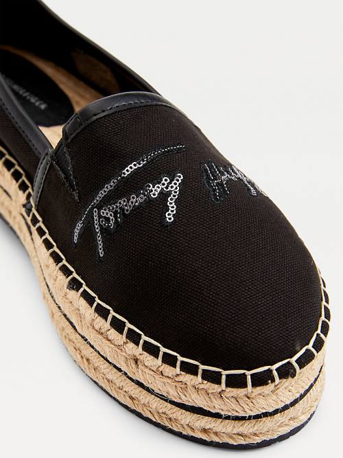 Tommy Hilfiger Sequin Signature Flatform Espadrilles Loafer Ayakkabı Kadın Siyah | TH427ILX