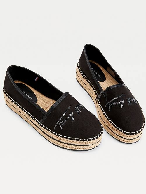 Tommy Hilfiger Sequin Signature Flatform Espadrilles Loafer Ayakkabı Kadın Siyah | TH427ILX