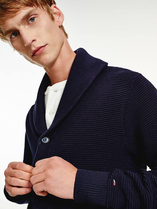 Tommy Hilfiger Shawl Collar Rib-Knit Cardigan Kazak Erkek Mavi | TH106MWS