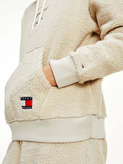 Tommy Hilfiger Sherpa Lounge Kapüşonlu Sweatshirt Kadın Bej Rengi | TH263SDQ