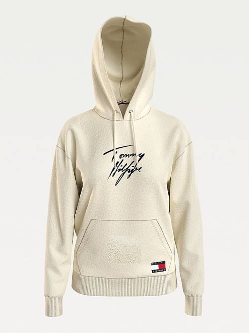 Tommy Hilfiger Sherpa Lounge Kapüşonlu Sweatshirt Kadın Bej Rengi | TH263SDQ