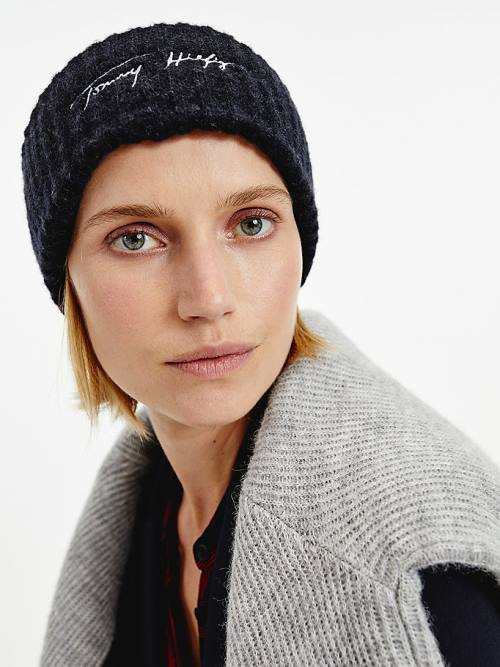 Tommy Hilfiger Signature Alpaca Wool Rib-Knit Beanie Şapka Kadın Mavi | TH367QVB