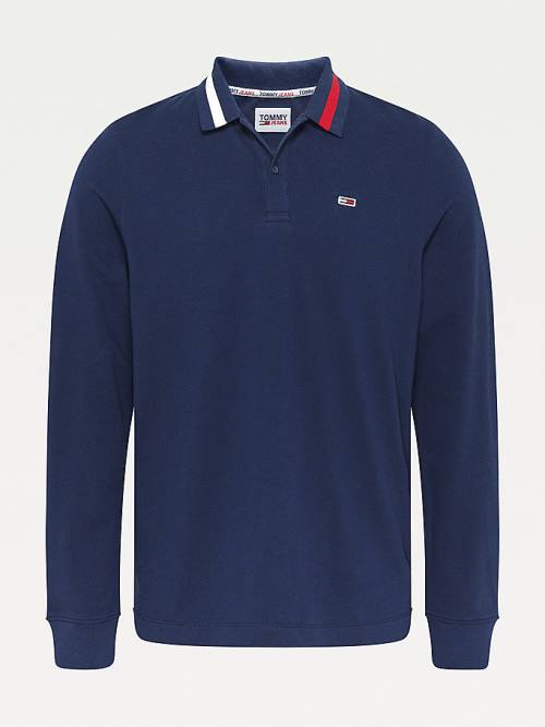 Tommy Hilfiger Signature Collar Regular Long Sleeve Polo Yaka Tişört Erkek Mavi | TH057RHU