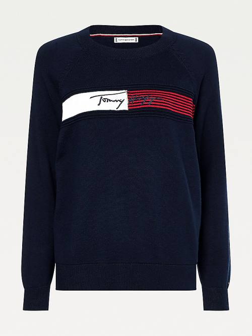 Tommy Hilfiger Signature Embroidery Organic Pamuklu Jumper Kazak Kadın Mavi | TH497PKN