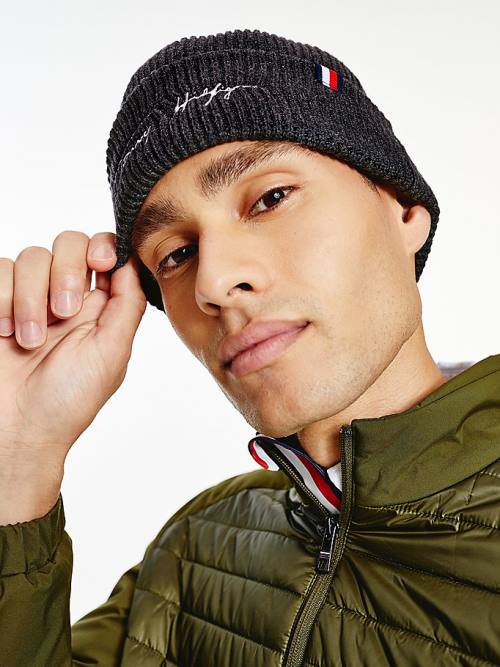 Tommy Hilfiger Signature Embroidery Rib-Knit Beanie Şapka Erkek Gri | TH321MLF