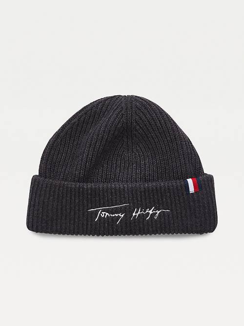 Tommy Hilfiger Signature Embroidery Rib-Knit Beanie Şapka Erkek Gri | TH321MLF