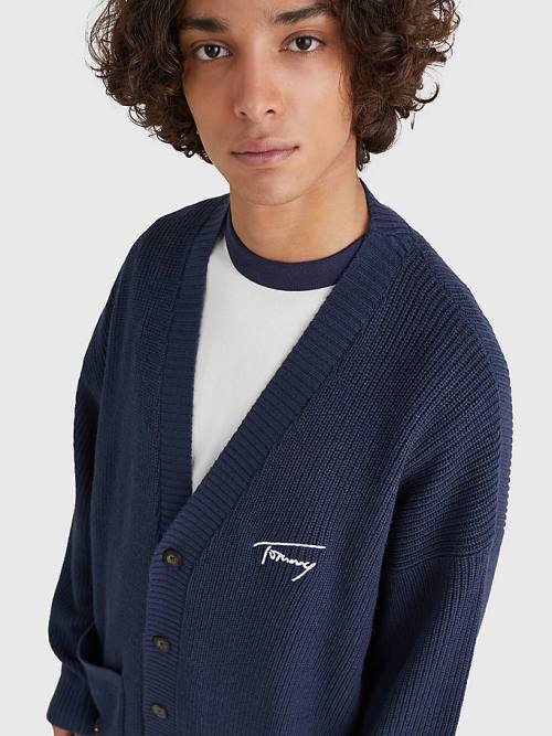 Tommy Hilfiger Signature Embroidery V-Neck Knitted Cardigan Kazak Erkek Mavi | TH610RON