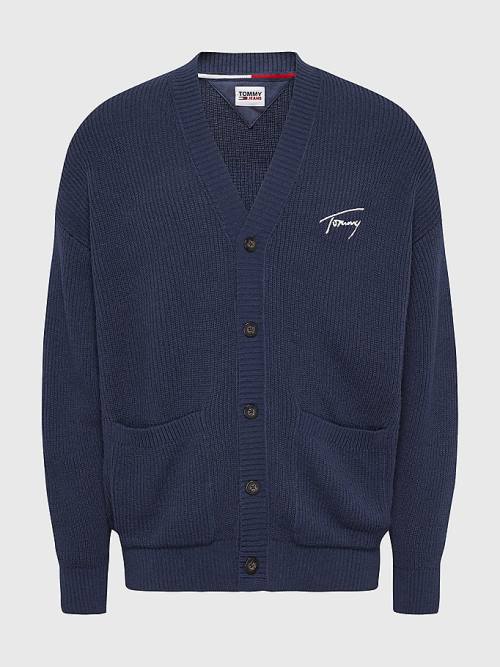 Tommy Hilfiger Signature Embroidery V-Neck Knitted Cardigan Kazak Erkek Mavi | TH610RON