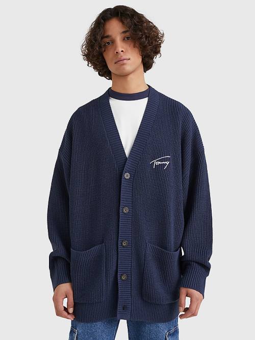 Tommy Hilfiger Signature Embroidery V-Neck Knitted Cardigan Kazak Erkek Mavi | TH610RON