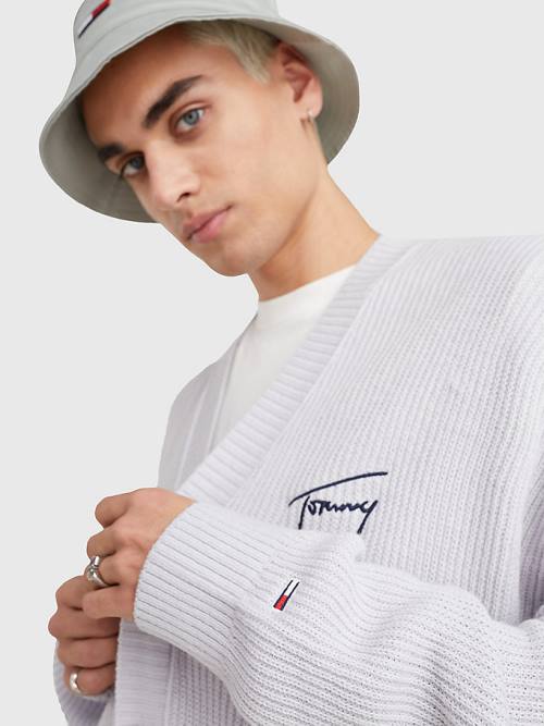 Tommy Hilfiger Signature Embroidery V-Neck Knitted Cardigan Kazak Erkek Gri | TH842AWI