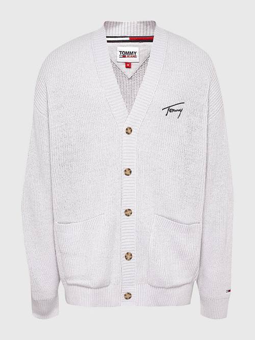 Tommy Hilfiger Signature Embroidery V-Neck Knitted Cardigan Kazak Erkek Gri | TH842AWI