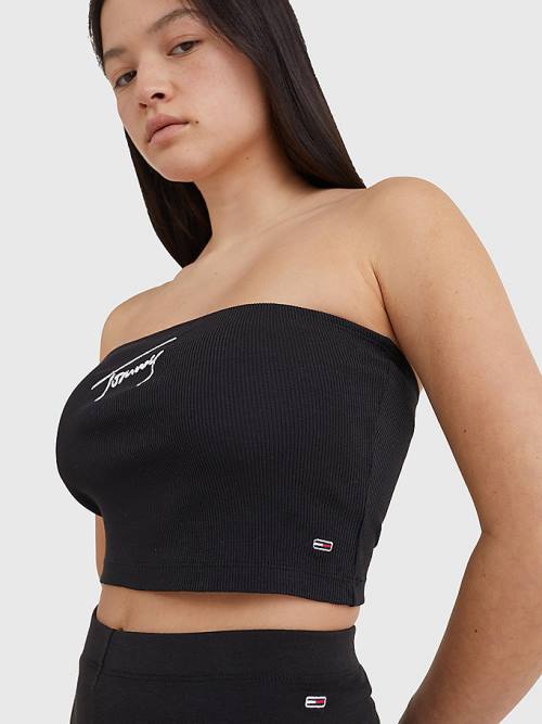 Tommy Hilfiger Signature Logo Cropped Tube Top Tişört Kadın Siyah | TH075EOW