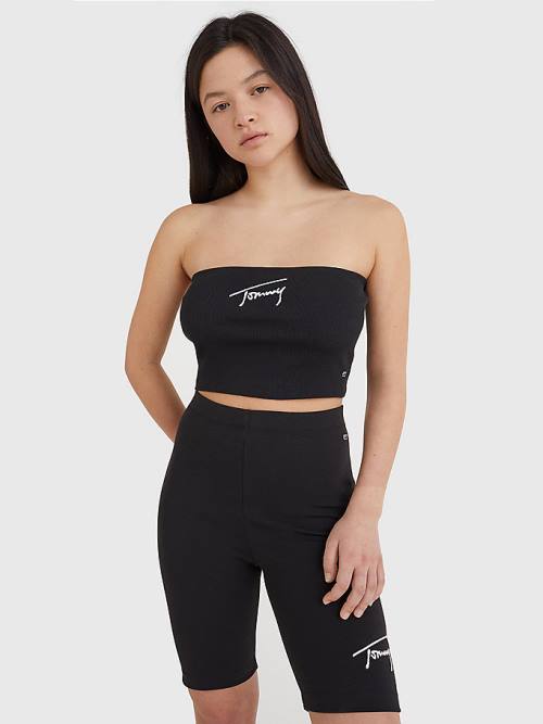 Tommy Hilfiger Signature Logo Cropped Tube Top Tişört Kadın Siyah | TH075EOW