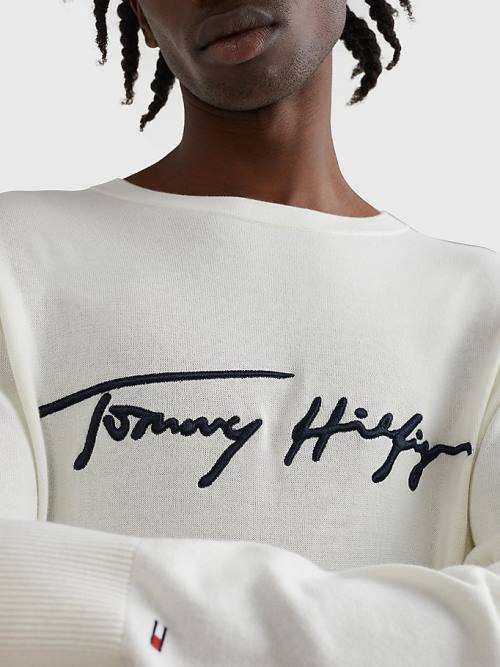 Tommy Hilfiger Signature Logo Embroidery Jumper Kazak Erkek Beyaz | TH147LCV