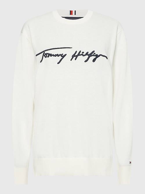 Tommy Hilfiger Signature Logo Embroidery Jumper Kazak Erkek Beyaz | TH147LCV