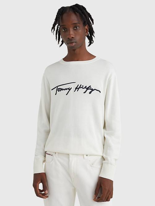 Tommy Hilfiger Signature Logo Embroidery Jumper Kazak Erkek Beyaz | TH147LCV