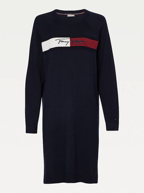 Tommy Hilfiger Signature Logo Embroidery Knit Elbise Kadın Mavi | TH214CBO