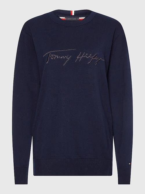 Tommy Hilfiger Signature Logo Embroidery Jumper Kazak Erkek Mavi | TH892WRN