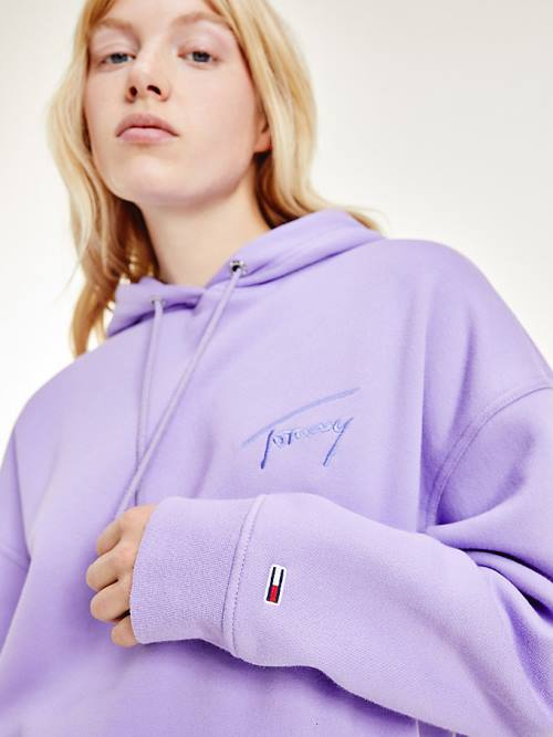 Tommy Hilfiger Signature Logo Oversized Kapüşonlu Sweatshirt Kadın Mor | TH586OJP