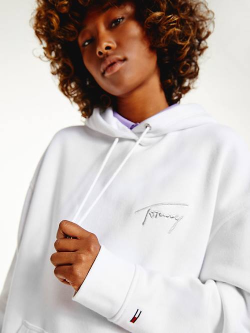 Tommy Hilfiger Signature Logo Oversized Kapüşonlu Sweatshirt Kadın Beyaz | TH968NCD