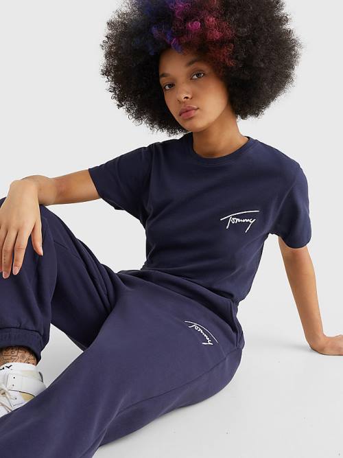 Tommy Hilfiger Signature Logo Recycled Jersey Joggers Pantolon Kadın Mavi | TH671MQY