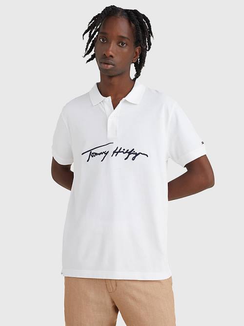 Tommy Hilfiger Signature Logo Regular Fit Polo Yaka Tişört Erkek Beyaz | TH157KEC