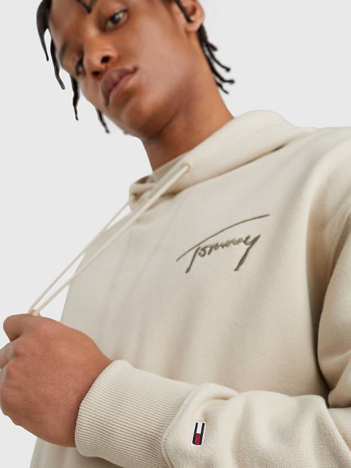 Tommy Hilfiger Signature Logo Relaxed Fit Kapüşonlu Sweatshirt Erkek Bej Rengi | TH509YZW