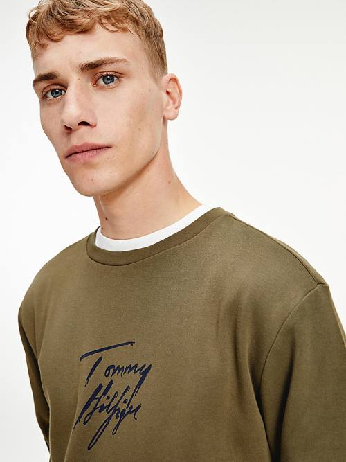 Tommy Hilfiger Signature Logo Stretch Organic Pamuklu Sweatshirt Pijama Erkek Haki | TH347PZR