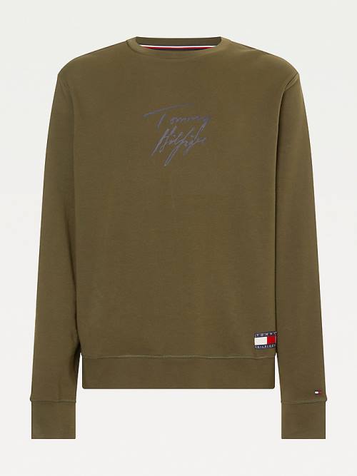 Tommy Hilfiger Signature Logo Stretch Organic Pamuklu Sweatshirt Pijama Erkek Haki | TH347PZR