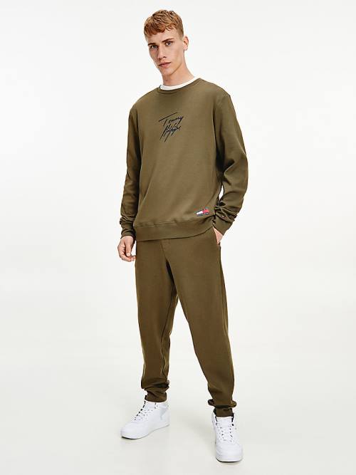 Tommy Hilfiger Signature Logo Stretch Organic Pamuklu Sweatshirt Pijama Erkek Haki | TH347PZR