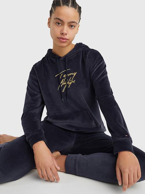 Tommy Hilfiger Signature Logo Velour Kapüşonlu Sweatshirt Kadın Mavi | TH685KBY