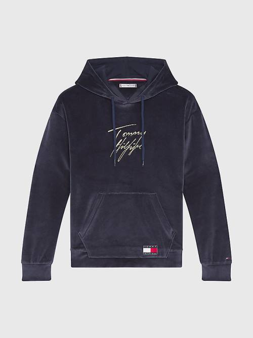 Tommy Hilfiger Signature Logo Velour Kapüşonlu Sweatshirt Kadın Mavi | TH685KBY