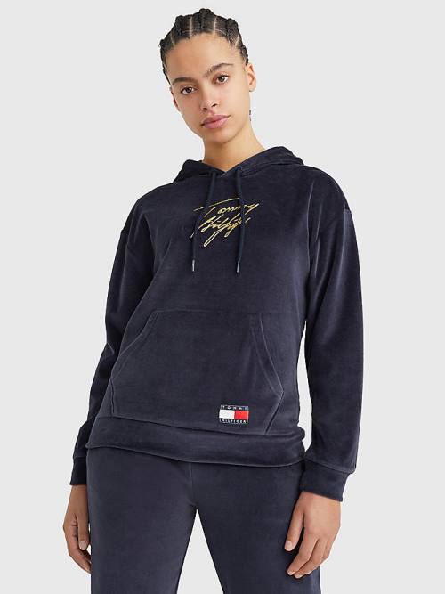 Tommy Hilfiger Signature Logo Velour Kapüşonlu Sweatshirt Kadın Mavi | TH685KBY