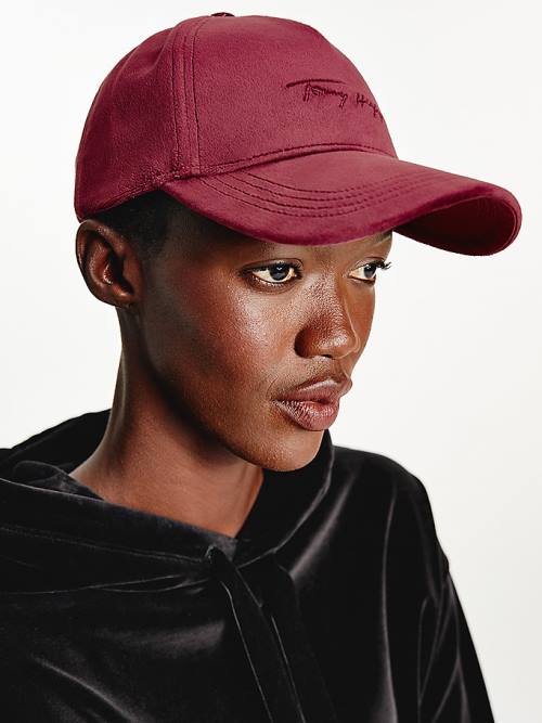 Tommy Hilfiger Signature Logo Velvet Cap Şapka Kadın Kırmızı | TH289UPH