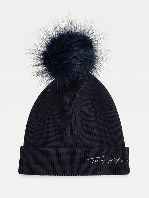 Tommy Hilfiger Signature Pom Pom Beanie Şapka Kadın Mavi | TH173CVL