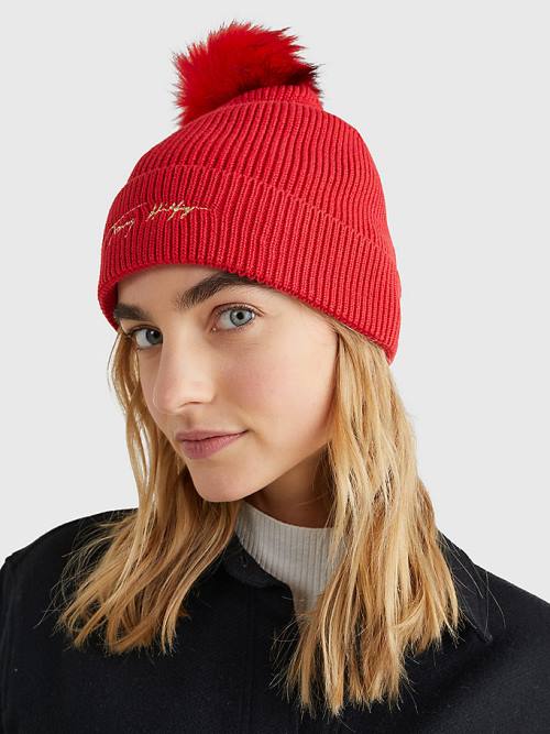 Tommy Hilfiger Signature Pom Pom Beanie Şapka Kadın Kırmızı | TH285EZU