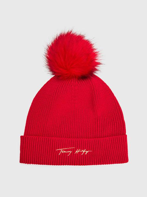 Tommy Hilfiger Signature Pom Pom Beanie Şapka Kadın Kırmızı | TH285EZU