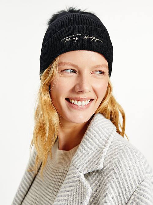 Tommy Hilfiger Signature Pom Pom Beanie Şapka Kadın Siyah | TH294OMN